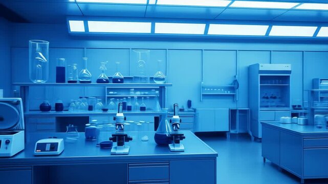 Sterile Blue: Modern Science Lab with Glassware and Microscopes