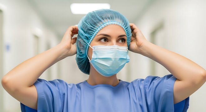 Nurse adjusting surgical mask and cap in hospital corridor