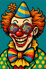 Colorful clown smiling with whimsical glasses against a blue background