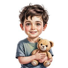 Joyful young boy with curly hair hugs a cuddly teddy bear, radiating innocence and warmth.
