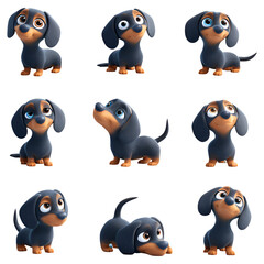Obraz premium Adorable 3D icon-style dachshund dogs in playful and cute poses, featuring black and tan fur with charming expressions, perfect for kids' content and pet-themed designs.