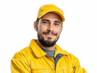 Man in yellow uniform and cap smiling Portrait photo of worker Happy worker in yellow clothes Isolated on white background