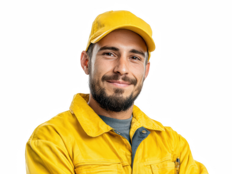Man in yellow uniform and cap smiling Portrait photo of worker Happy worker in yellow clothes Isolated on white background