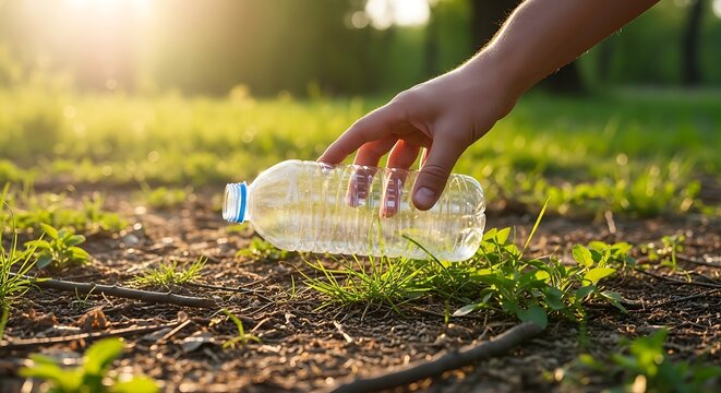 Hand picking up plastic bottle from grassy ground