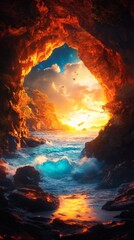 A mesmerizing view of the ocean and sky from within a cave. The sun sets, casting warm hues and adding to the scenic beauty
