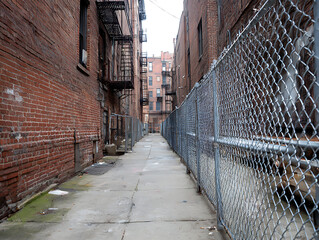 Narrow urban alleyway with brick buildings and chain link fence
