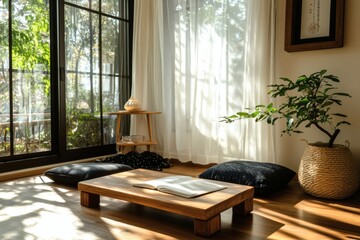 Cozy and bright zen living room space, with natural light coming in and with a potted plant. The scene evokes peace and tranquility. A relaxing and inviting room with an airy and calm feel