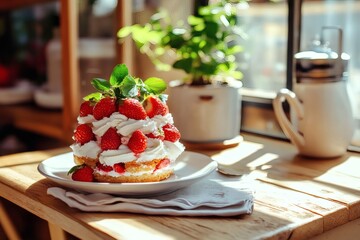 A delicious strawberry cake with fresh cream, perfect for a sunny day treat