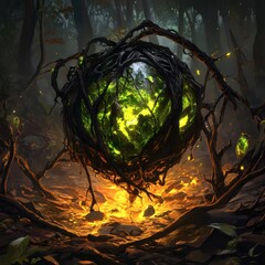 An enchanting forest scene featuring a glowing orb surrounded by intricate tree branches. The scene is filled with an aura of magic, nature, and fantasy.