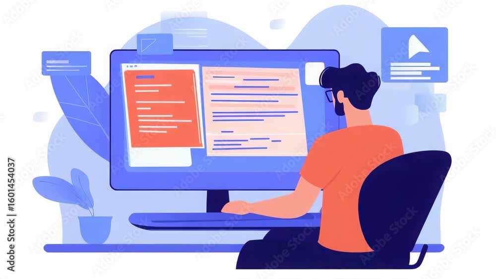 Aufkleber concentrated developer working on code at his computer desk in modern office space