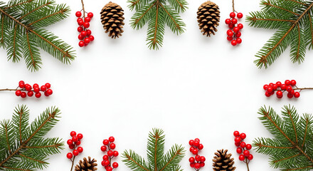 Flat Lay of Christmas Pine Branches, Red Berries, and Pinecones on White Background – Festive Holiday Decoration for Seasonal Greeting Cards, Invitations, or Winter Promotions