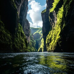 A deep canyon with water flowing through it and a blue sky overhead, showcasing the breathtaking beauty of the natural world.
