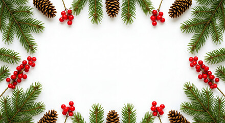 Flat Lay of Christmas Pine Branches, Red Berries, and Pinecones on White Background – Festive Holiday Decoration for Seasonal Greeting Cards, Invitations, or Winter Promotions
