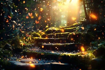 A magical forest scene with sunlight filtering through the trees. A moss-covered staircase leads upwards, surrounded by lush greenery and particles of light.