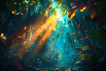 Sunlight streams through a vibrant, lush jungle, creating a mystical and enchanting atmosphere. Rays of light illuminate the scene, dancing on the forest floor
