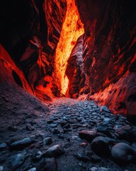 A mesmerizing canyon, radiating warmth. The deep red rock is illuminated by sunlight from above. The stone path gives a way to adventure 