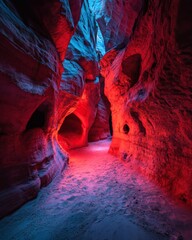 A breathtaking canyon illuminated with vibrant red and blue lights, casting a mysterious atmosphere. The canyon walls feature intricate textures and shadows, creating an awe-inspiring scene