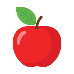 A vibrant red apple with a single green leaf and brown stem.