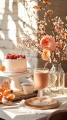 A delightful table setting featuring a cake, flowers, and a drink, capturing a moment of enjoyment and elegance.