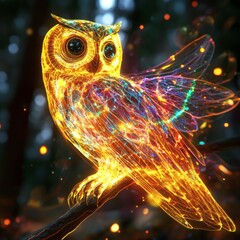 A mesmerizing owl glowing in an enchanting forest, emanating an aura of magic and wonder. Its eyes reflect wisdom and insight as it perches on a branch. 