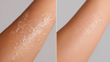 Close-Up Split-Screen of Woman’s Arm Showing Skin Texture — Before and After Cream Application on Upper Forearm with Neutral Background