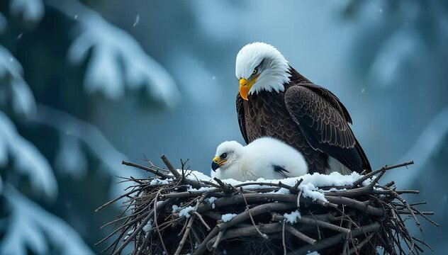 Eagle guarding eaglet in nest