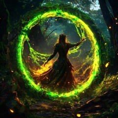 A woman stands within a magical glowing circle surrounded by a forest, invoking fantasy, wonder and magic
