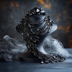 Elegant jewelry, including a necklace and bracelet, is displayed on a bust against a smoky backdrop, emanating luxury