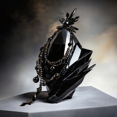 Elegant black abstract sculpture with luxurious jewelry arrangement