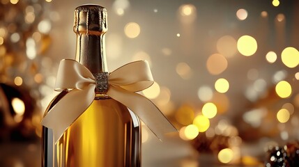 A champagne bottle, elegantly adorned with a bow and surrounded by glittering lights