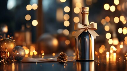 A luxurious champagne bottle, elegantly presented with a golden bow, sits in the soft glow of festive lights, inviting a moment of celebration.