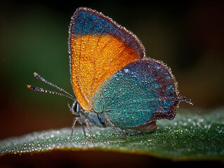 Close up of a colorful butterfly with iridescent wings resting on a dewy leaf