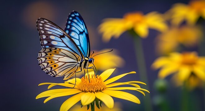 Blue and orange butterfly perched on a yellow daisy