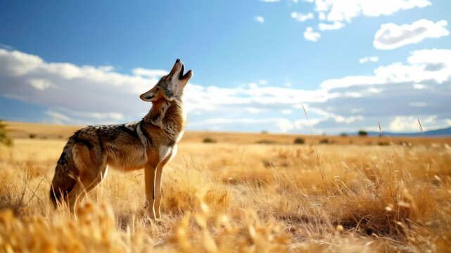 Wolves howl at sunrise in a vast meadow. 4k video