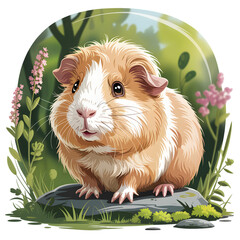 Adorable fluffy guinea pig sits on a rock in a lush garden, capturing pure natural charm