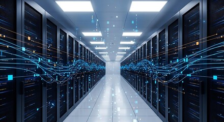 Futuristic data center with glowing blue network cables