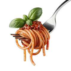Savory spaghetti bolognese with fresh basil on a fork, ready to enjoy a delicious Italian meal.