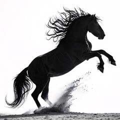 Black horse rearing up on its hind legs in the sand, powerful majestic animal.