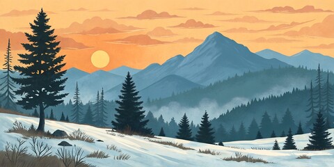 Obraz premium Stunning winter mountain landscape illustration with glowing sun and majestic pine trees