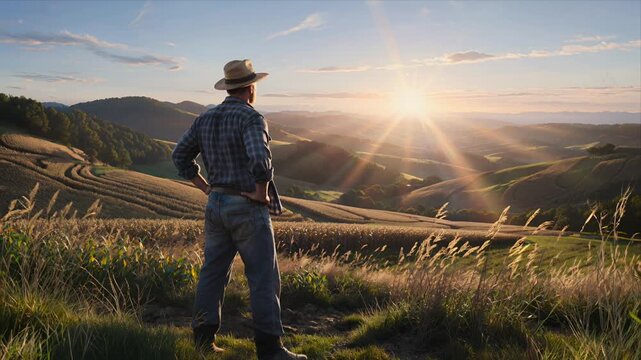 A cinematic, high-resolution shot of a humble farmer standing in a golden cornfield at sunset.