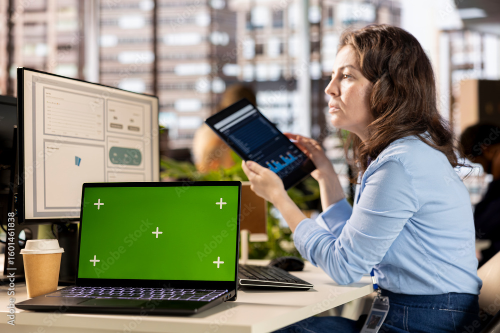 Poster executive analyst finalizing a report with data analytics next to copy space, developing a project f