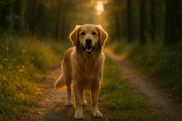 Golden Retriever in the Forest: A loyal Golden Retriever stands proudly on a path, bathed in the soft, inviting glow of the sunset, surrounded by a lush forest.