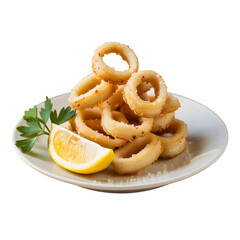 Crispy golden calamari rings served with a fresh lemon wedge and parsley, a delicious appetizer.