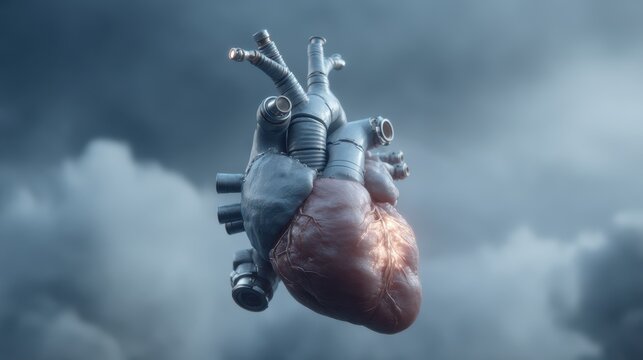 Futuristic fusion of technology and human heart in cloudy sky
