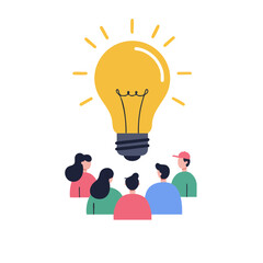 Vector illustration of people brainstorming under bulb on white background