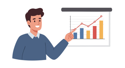 Vector illustration of man serious pointing at chart on white background