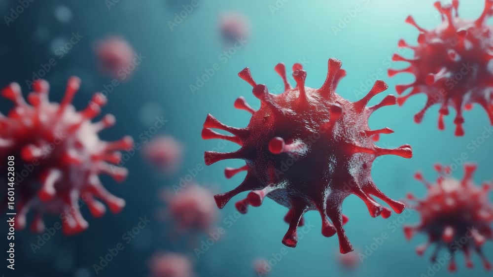Poster close-up visualization of coronavirus virus cells floating and multiplying animation