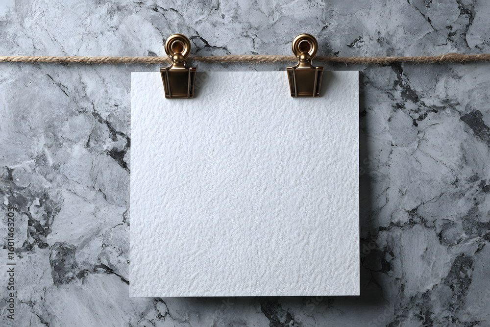 Poster empty white paper sheet resting on gray marble background providing copy space for text or artwork