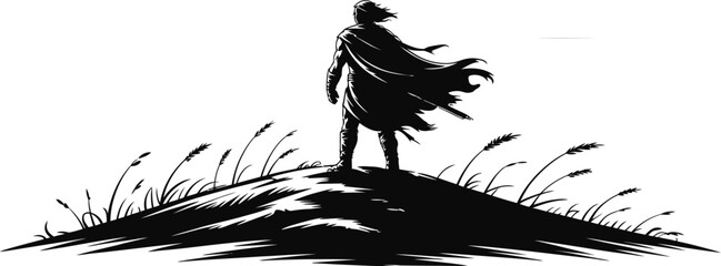 Man with cape standing on a hill under cloudy sky in black and white art