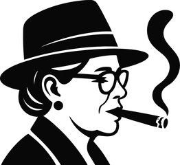 Illustration of a woman in hat and glasses smoking a cigar in black and white
